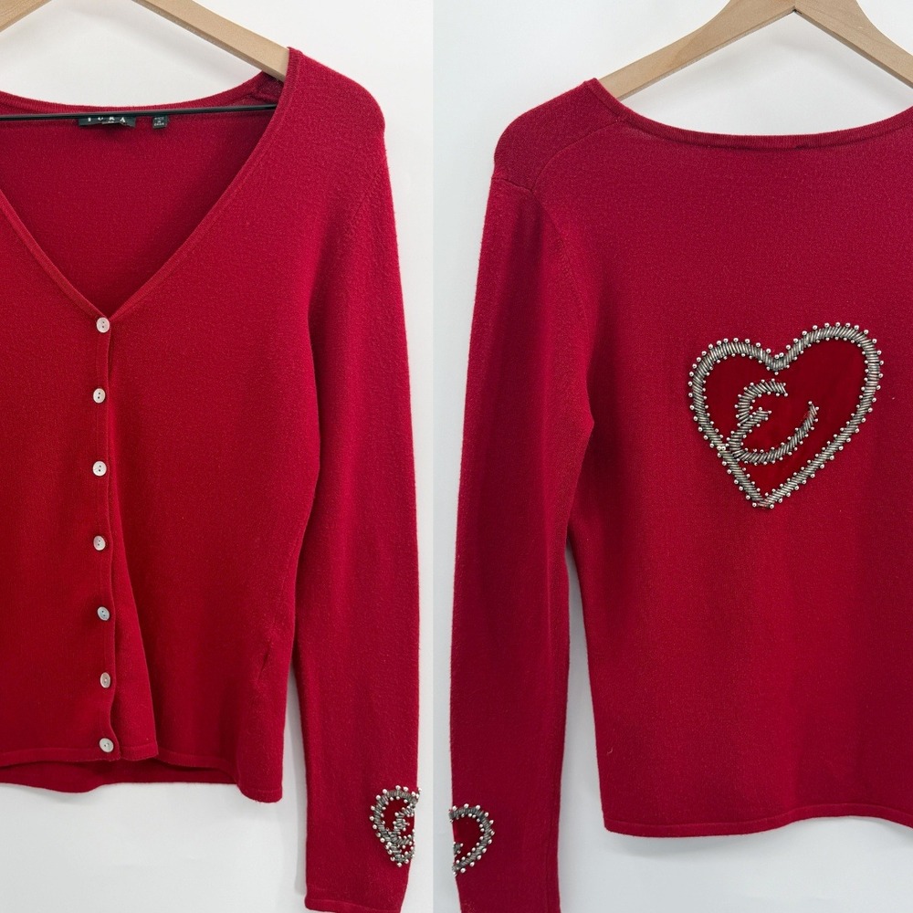 Vintage Y2K Button Front Cardigan Beaded Velvet Heart Motif in Red Size L Vamp